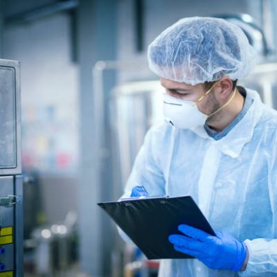 lab1 Technologist expert in protective uniform with hairnet and mask taking parameters from industrial machine in food production plant.